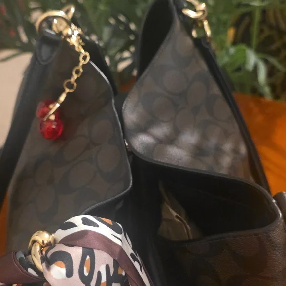 Coach Dark Brown Shoulder Bag with Scarf Accent & Purse Charm. L - Picture 10 of 13